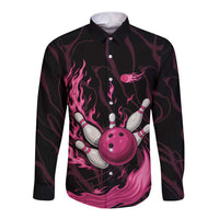 Pink Flaming Bowling Ball and Pins Long Sleeve Button Shirt with Lightning Effect Graphic Design - Wonder Print Shop
