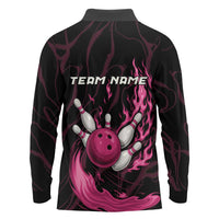 Pink Flaming Bowling Ball and Pins Long Sleeve Polo Shirt with Lightning Effect Graphic Design - Wonder Print Shop