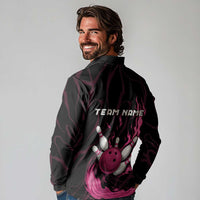 Pink Flaming Bowling Ball and Pins Long Sleeve Polo Shirt with Lightning Effect Graphic Design - Wonder Print Shop