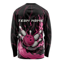 Pink Flaming Bowling Ball and Pins Long Sleeve Shirt with Lightning Effect Graphic Design - Wonder Print Shop