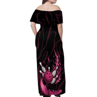 Pink Flaming Bowling Ball and Pins Off Shoulder Maxi Dress with Lightning Effect Graphic Design - Wonder Print Shop