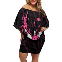 Pink Flaming Bowling Ball and Pins Off Shoulder Short Dress with Lightning Effect Graphic Design - Wonder Print Shop