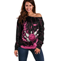 Pink Flaming Bowling Ball and Pins Off Shoulder Sweater with Lightning Effect Graphic Design - Wonder Print Shop