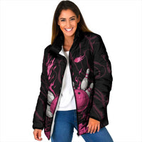 Pink Flaming Bowling Ball and Pins Padded Jacket with Lightning Effect Graphic Design - Wonder Print Shop