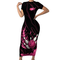 Pink Flaming Bowling Ball and Pins Short Sleeve Bodycon Dress with Lightning Effect Graphic Design - Wonder Print Shop
