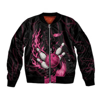 Pink Flaming Bowling Ball and Pins Sleeve Zip Bomber Jacket with Lightning Effect Graphic Design - Wonder Print Shop