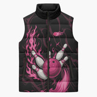 Pink Flaming Bowling Ball and Pins Sleeveless Puffer Jacket with Lightning Effect Graphic Design - Wonder Print Shop
