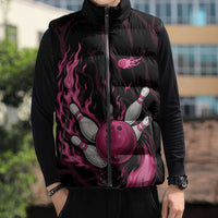 Pink Flaming Bowling Ball and Pins Sleeveless Puffer Jacket with Lightning Effect Graphic Design - Wonder Print Shop