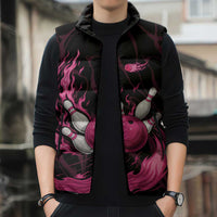 Pink Flaming Bowling Ball and Pins Sleeveless Puffer Jacket with Lightning Effect Graphic Design - Wonder Print Shop