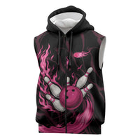 Pink Flaming Bowling Ball and Pins Sleeveless Zip Hoodie with Lightning Effect Graphic Design - Wonder Print Shop