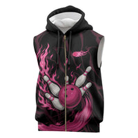 Pink Flaming Bowling Ball and Pins Sleeveless Zip Hoodie with Lightning Effect Graphic Design - Wonder Print Shop
