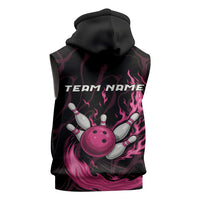 Pink Flaming Bowling Ball and Pins Sleeveless Zip Hoodie with Lightning Effect Graphic Design - Wonder Print Shop
