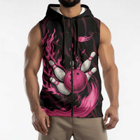 Pink Flaming Bowling Ball and Pins Sleeveless Zip Hoodie with Lightning Effect Graphic Design - Wonder Print Shop
