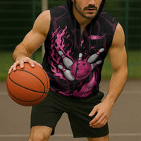 Pink Flaming Bowling Ball and Pins Sleeveless Zip Hoodie with Lightning Effect Graphic Design - Wonder Print Shop