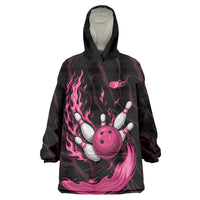 Pink Flaming Bowling Ball and Pins Wearable Blanket Hoodie with Lightning Effect Graphic Design - Wonder Print Shop