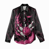 Pink Flaming Bowling Ball and Pins Women Casual Shirt with Lightning Effect Graphic Design - Wonder Print Shop