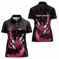 Pink Flaming Bowling Ball and Pins Women Polo Shirt with Lightning Effect Graphic Design - Wonder Print Shop