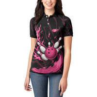 Pink Flaming Bowling Ball and Pins Women Polo Shirt with Lightning Effect Graphic Design - Wonder Print Shop
