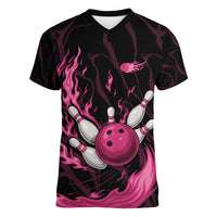 Pink Flaming Bowling Ball and Pins Women V-Neck T-Shirt with Lightning Effect Graphic Design - Wonder Print Shop