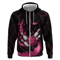 Pink Flaming Bowling Ball and Pins Zip Hoodie with Lightning Effect Graphic Design - Wonder Print Shop