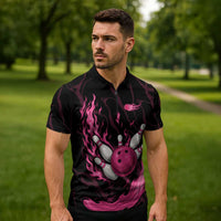 Pink Flaming Bowling Ball and Pins Zipper Polo Shirt with Lightning Effect Graphic Design - Wonder Print Shop