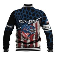 Aggressive Bass Fishing Baseball Jacket with American Flag Pattern on Grunge Hex Background - Wonder Print Shop