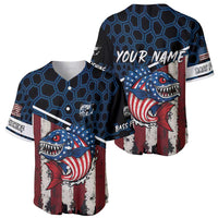 Aggressive Bass Fishing Baseball Jersey with American Flag Pattern on Grunge Hex Background - Wonder Print Shop