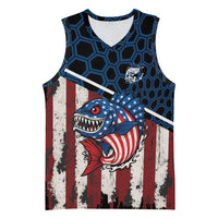 Aggressive Bass Fishing Basketball Jersey with American Flag Pattern on Grunge Hex Background - Wonder Print Shop