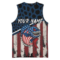 Aggressive Bass Fishing Basketball Jersey with American Flag Pattern on Grunge Hex Background - Wonder Print Shop
