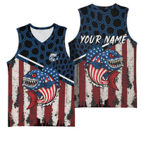 Aggressive Bass Fishing Basketball Jersey with American Flag Pattern on Grunge Hex Background - Wonder Print Shop