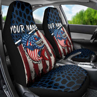 Aggressive Bass Fishing Car Seat Cover with American Flag Pattern on Grunge Hex Background - Wonder Print Shop