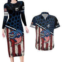 Aggressive Bass Fishing Couples Matching Long Sleeve Bodycon Dress and Hawaiian Shirt with American Flag Pattern on Grunge Hex Background - Wonder Print Shop
