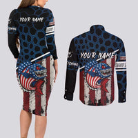 Aggressive Bass Fishing Couples Matching Long Sleeve Bodycon Dress and Long Sleeve Button Shirt with American Flag Pattern on Grunge Hex Background - Wonder Print Shop