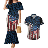 Aggressive Bass Fishing Couples Matching Mermaid Dress and Hawaiian Shirt with American Flag Pattern on Grunge Hex Background - Wonder Print Shop