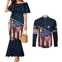 Aggressive Bass Fishing Couples Matching Mermaid Dress and Long Sleeve Button Shirt with American Flag Pattern on Grunge Hex Background - Wonder Print Shop