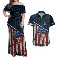 Aggressive Bass Fishing Couples Matching Off Shoulder Maxi Dress and Hawaiian Shirt with American Flag Pattern on Grunge Hex Background - Wonder Print Shop