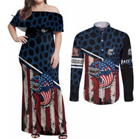 Aggressive Bass Fishing Couples Matching Off Shoulder Maxi Dress and Long Sleeve Button Shirt with American Flag Pattern on Grunge Hex Background - Wonder Print Shop