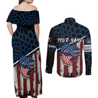 Aggressive Bass Fishing Couples Matching Off Shoulder Maxi Dress and Long Sleeve Button Shirt with American Flag Pattern on Grunge Hex Background - Wonder Print Shop