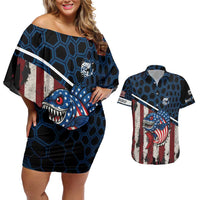Aggressive Bass Fishing Couples Matching Off Shoulder Short Dress and Hawaiian Shirt with American Flag Pattern on Grunge Hex Background - Wonder Print Shop