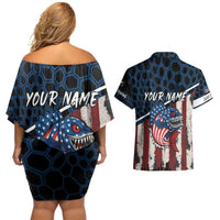Aggressive Bass Fishing Couples Matching Off Shoulder Short Dress and Hawaiian Shirt with American Flag Pattern on Grunge Hex Background - Wonder Print Shop
