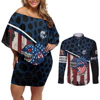 Aggressive Bass Fishing Couples Matching Off Shoulder Short Dress and Long Sleeve Button Shirt with American Flag Pattern on Grunge Hex Background - Wonder Print Shop