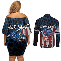Aggressive Bass Fishing Couples Matching Off Shoulder Short Dress and Long Sleeve Button Shirt with American Flag Pattern on Grunge Hex Background - Wonder Print Shop