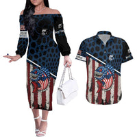 Aggressive Bass Fishing Couples Matching Off The Shoulder Long Sleeve Dress and Hawaiian Shirt with American Flag Pattern on Grunge Hex Background - Wonder Print Shop