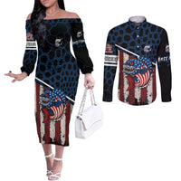 Aggressive Bass Fishing Couples Matching Off The Shoulder Long Sleeve Dress and Long Sleeve Button Shirt with American Flag Pattern on Grunge Hex Background - Wonder Print Shop