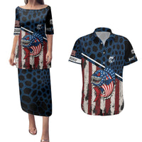 Aggressive Bass Fishing Couples Matching Puletasi and Hawaiian Shirt with American Flag Pattern on Grunge Hex Background - Wonder Print Shop