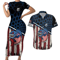 Aggressive Bass Fishing Couples Matching Short Sleeve Bodycon Dress and Hawaiian Shirt with American Flag Pattern on Grunge Hex Background - Wonder Print Shop