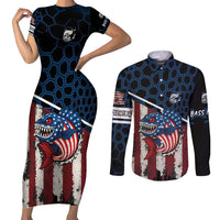Aggressive Bass Fishing Couples Matching Short Sleeve Bodycon Dress and Long Sleeve Button Shirt with American Flag Pattern on Grunge Hex Background - Wonder Print Shop