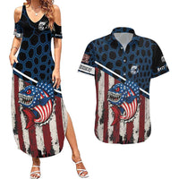 Aggressive Bass Fishing Couples Matching Summer Maxi Dress and Hawaiian Shirt with American Flag Pattern on Grunge Hex Background - Wonder Print Shop