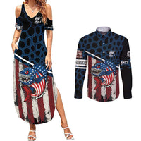 Aggressive Bass Fishing Couples Matching Summer Maxi Dress and Long Sleeve Button Shirt with American Flag Pattern on Grunge Hex Background - Wonder Print Shop