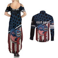 Aggressive Bass Fishing Couples Matching Summer Maxi Dress and Long Sleeve Button Shirt with American Flag Pattern on Grunge Hex Background - Wonder Print Shop